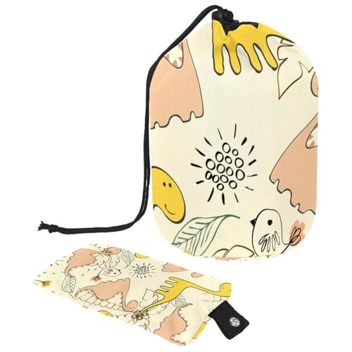 Make-up-Tasche mit Kordelzug, fassförmige Reise-Kosmetiktasche, Make-up-Tasche, faltbarer Kulturbeutel, Organizer für Damen und Mädchen, Dinosaurier-Vögel und Blätter, multi, Einheitsgröße, von Diusye