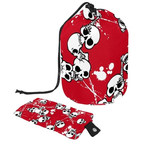 Make-up-Tasche mit Kordelzug, fassförmige Reise-Kosmetiktasche, Make-up-Tasche, faltbarer Kulturbeutel, Organizer für Damen und Mädchen, Grunge weißer Totenkopf auf rotem Hintergrund, multi, von Diusye
