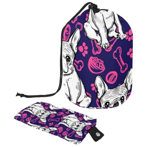 Make-up-Tasche mit Kordelzug, tonnenförmige Reise-Kosmetiktasche, Make-up-Tasche, faltbarer Kulturbeutel, Aufbewahrungstasche für Damen und Mädchen, französische Bulldogge und rosa Schale, Spielzeug, von Diusye
