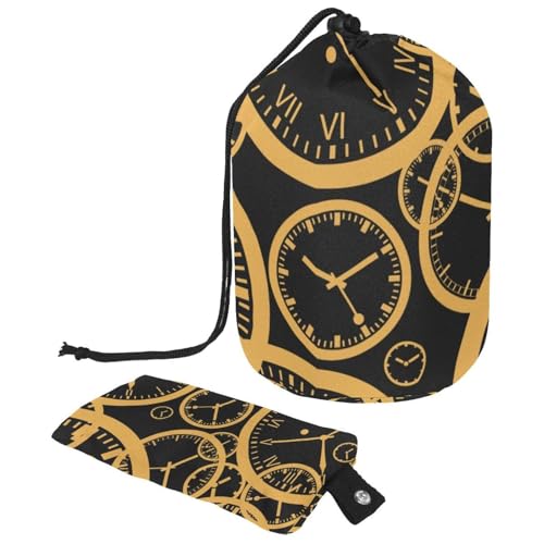 Make-up-Tasche mit Kordelzug, tonnenförmige Reise-Kosmetiktasche, Make-up-Tasche, faltbarer Kulturbeutel, Aufbewahrungstasche für Damen und Mädchen, goldene Uhr auf schwarzem Zeitmotiv, multi, von Diusye