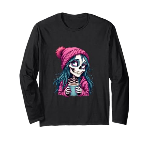 Diva Totenkopf Skelett Design für Mädchen Frauen pink Kaffee Langarmshirt von Diva Totenkopf Design für Mädchen und Frauen