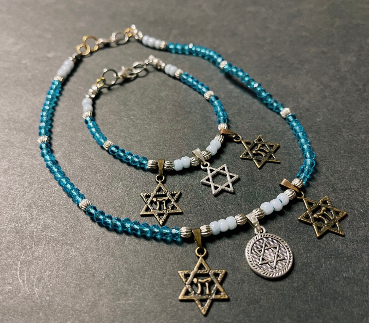 Blaue Perlenstern David Charm Halskette Und Armband Set, Handarbeit, Jugendliche Schmuck Geschenk Religiöser Schmuck, Kinder Mädchen von DivaChicTreasures