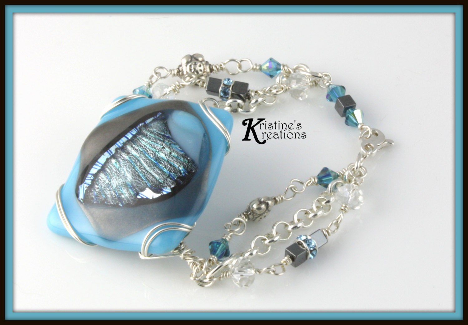 Silber Türkis Bliss, Geschmolzenem Dicro Glas-Center Sterling Silberkette Mit Silberdraht Gewickelt Links von DivaKreations