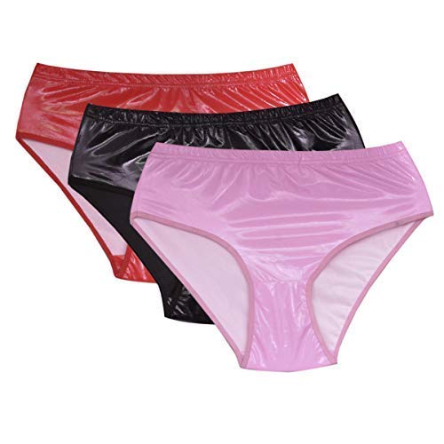 DivasWorld Damen Herren PVC Glänzend Lederoptik Slips Höschen Rot Rosa und Schwarz - Rot+Schwarz+Hellrosa, XXL (40 Zoll zu 44 Inch Taille) von DivasWorld