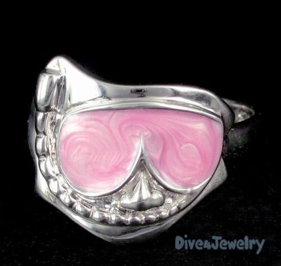 Schnorchel Maske Taucher Ring in Sterlingsilber Rosa Emaille Offen Band Größe Verstellbar Strand Partei Schmuck von Dive4Jewelry