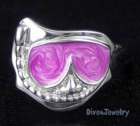 Scuba Diver Ring Schnorcheln Maske Schnorchel in Sterling Silber Lila Enamal Größenverstellbar von Dive4Jewelry