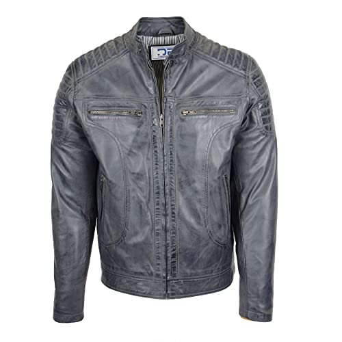 DR156 Herren Leder Biker Style Zip Jacke grau, grau, L von Divergent Retail