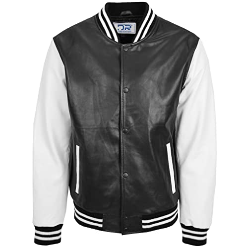 DR182 Herren Leder College Boy Varsity Jacke Schwarz Weiß, schwarz / weiß, XXXL von Divergent Retail