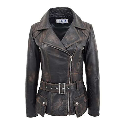 DR205 Damen Slim Fit Cut Hüftlänge Biker Lederjacke Ruboff, Abreibbar, 42 von Divergent Retail