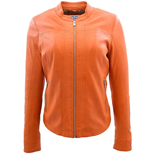 Divergent Retail DR257 Damen Lederjacke Classic Biker Style Orange, Orange/Abendrot im Zickzackmuster (Sunset Chevron), 42 von Divergent Retail