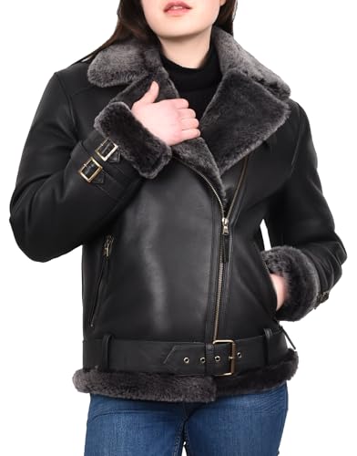 Divergent Retail Damen Bomberjacke aus Schafsfell im Flieger-Stil, Kreuz-Reißverschluss, Biker-Hedda, Schwarz , 42 von Divergent Retail