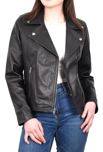 Divergent Retail Elloise Damen-Bikerjacke aus Premium-Nappaleder mit Kreuz-Reißverschluss, Ärmelbündchen, Schwarz, Schwarz , 38 von Divergent Retail