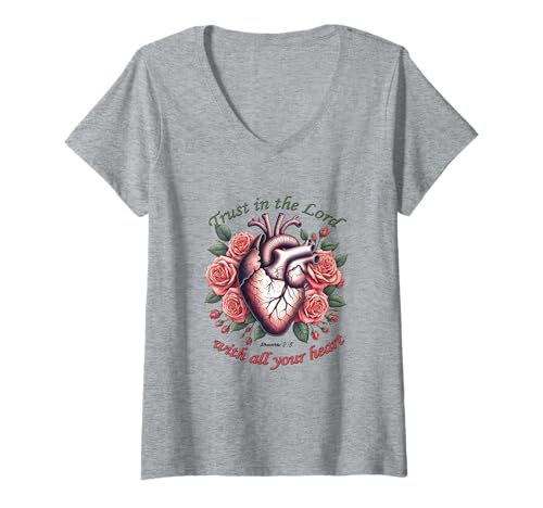 Damen T-Shirt mit Aufschrift Trust in The Lord Christian Verse, Blumenherz T-Shirt mit V-Ausschnitt von Divine Expressions