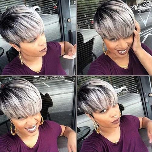 Divine Hair Kurze synthetische Perücke, Ombré-Grau, für Damen, Weiß, Schwarz, Grau, Schwarz, mit dunklen Wurzeln Divine Hair Kurze synthetische Perücke, Ombré-Grau, für Damen, Weiß, Schwarz, Grau, Schwarz, mit dunklen Wurzeln von Divine Hair