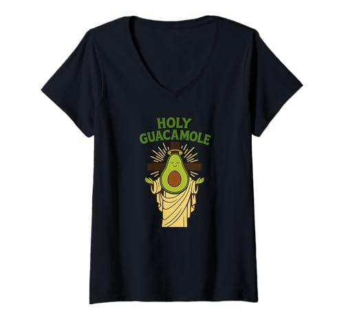 Damen Holy Guacamole Funny Avocado God Design with Cross T-Shirt mit V-Ausschnitt von Divine Snack Co.