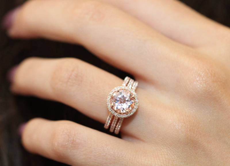 3Pcs 8mm Runde Morganit Braut Ring Set von DivineElementsStudio