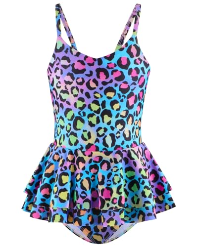 DivingBirds Badeanzug Mädchen Kinder Einteiliger Schwimmanzug Mädchen Hawaii Verstellbare Träger UV Badebekleidung Shirt, Blau Leopardenmuster 7-8 Jahre (122-128) von DivingBirds