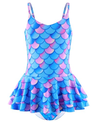 DivingBirds Badeanzug Mädchen Kinder Einteiliger Schwimmanzug Mädchen Hawaii Verstellbare Träger UV Badebekleidung Shirt, Blau Meer 7-8 Jahre (122-128) von DivingBirds
