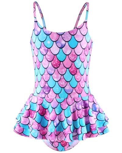 DivingBirds Badeanzug Mädchen Kinder Einteiliger Schwimmanzug Mädchen Hawaii Verstellbare Träger UV Badebekleidung Shirt, Lila Meer 6-7 Jahre (116-122) von DivingBirds