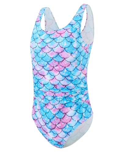 DivingBirds Badeanzug Mädchen mit Soft-Pads Kinder Einteiliger Schwimmanzug Mädchen Hawaii Elastische Breitenträgern UV Badebekleidung, Blau Meer 10-11 Jahre (140-146) von DivingBirds