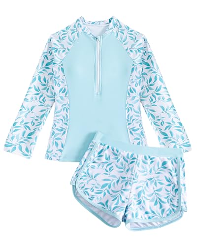 DivingBirds Badeanzug Mädchen mit Soft-Pads Kinder Zweiteiler Langarm Schwimmanzug Mädchen Teenager Verstellbare Träger UV Badebekleidung, Blaue Blätter 9-10 Jahre (134-140) von DivingBirds