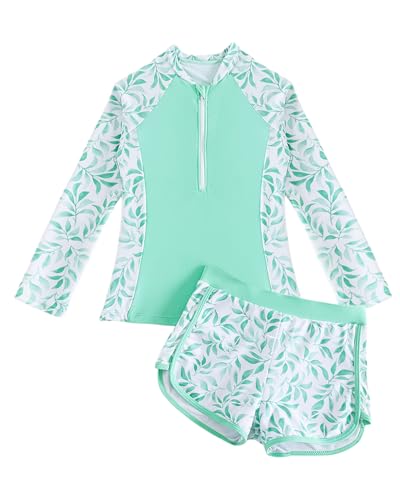 DivingBirds Badeanzug Mädchen mit Soft-Pads Kinder Zweiteiler Langarm Schwimmanzug Mädchen Teenager Verstellbare Träger UV Badebekleidung, Grüne Blätter 9-10 Jahre (134-140) von DivingBirds