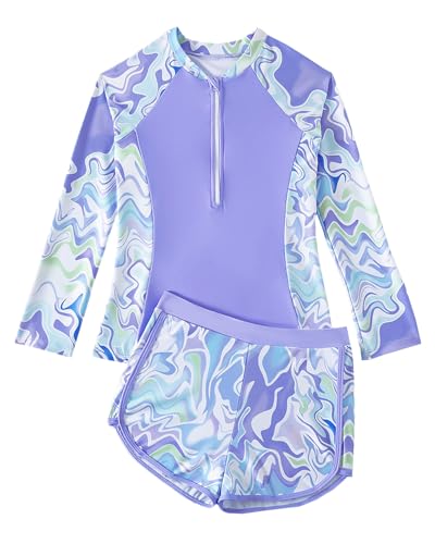 DivingBirds Badeanzug Mädchen mit Soft-Pads Kinder Zweiteiler Langarm Schwimmanzug Mädchen Teenager Verstellbare Träger UV Badebekleidung, Lila 11-12 Jahre (146-152) von DivingBirds