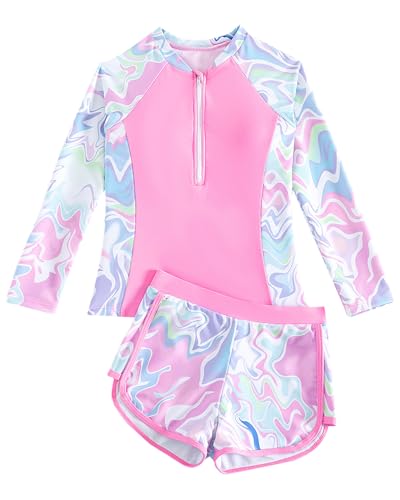 DivingBirds Badeanzug Mädchen mit Soft-Pads Kinder Zweiteiler Langarm Schwimmanzug Mädchen Teenager Verstellbare Träger UV Badebekleidung, Rosa 12-13 Jahre (152-158) von DivingBirds