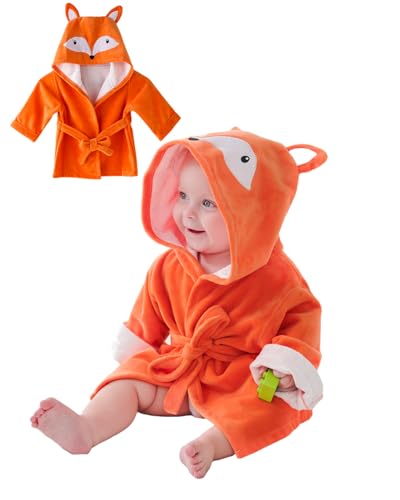 DivingBirds Bademantel Baby Jungen Mädchen Weiche Bambusfaser Kinderbademantel,Schnelltrocknend Kinder Bademäntel Morgenmantel, Oranger Fuchs 0-24 Monate von DivingBirds