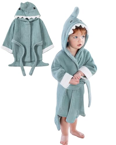 DivingBirds Bademantel Kinder Jungen Mädchen Weiche Baumwolle Kinderbademantel Frottee,Schnelltrocknend Bademäntel Morgenmantel, Blauer Hai 0-24 Monate von DivingBirds