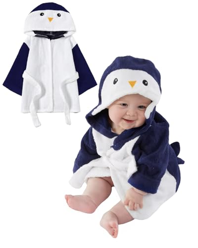 DivingBirds Bademantel Kinder Jungen Mädchen Weiche Baumwolle Kinderbademantel Frottee,Schnelltrocknend Bademäntel Morgenmantel, Blauer Pinguin 4-6 Jahre von DivingBirds