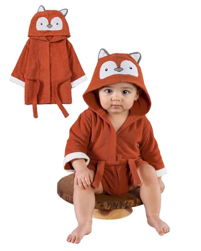 DivingBirds Bademantel Kinder Jungen Mädchen Weiche Baumwolle Kinderbademantel Frottee,Schnelltrocknend Bademäntel Morgenmantel, Orange Fuchs 0-24 Monate von DivingBirds