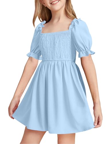 DivingBirds Sommer Kleider für Mädchen Elegant Rüschenärmel Kleid Mädchen Teenager Lässig Kinder Sommerkleider, Hellblau 7-8 Jahre Size 128 von DivingBirds