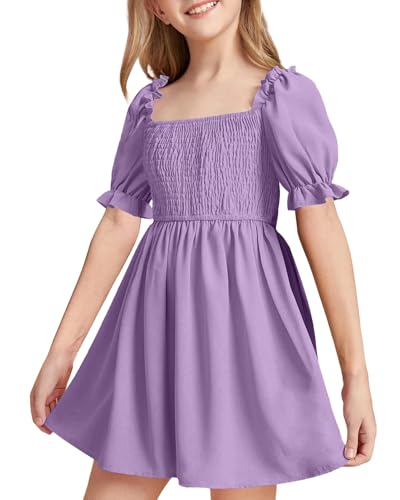 DivingBirds Sommer Kleider für Mädchen Elegant Rüschenärmel Kleid Mädchen Teenager Lässig Kinder Sommerkleider, Lila 9-10 Jahre Size 134-140 von DivingBirds