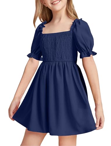 DivingBirds Sommer Kleider für Mädchen Elegant Rüschenärmel Kleid Mädchen Teenager Lässig Kinder Sommerkleider, Marineblau 13-14 Jahre Size 158 von DivingBirds
