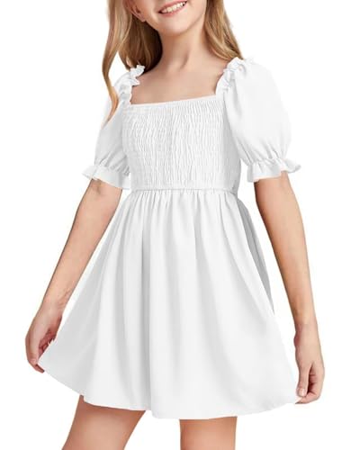 DivingBirds Sommer Kleider für Mädchen Elegant Rüschenärmel Kleid Mädchen Teenager Lässig Kinder Sommerkleider, Weiß 7-8 Jahre Size 128 von DivingBirds
