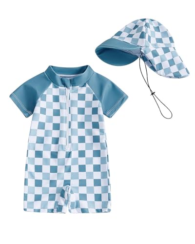 DivingBirds UV Badebekleidung Baby Badeanzug mit Hut Unisex Badeanzug Baby Kinder Schwimmanzug Mädchen Junge, Blaues Karo 6-12 Monate 74-80 von DivingBirds