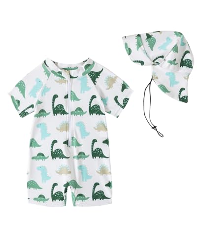 DivingBirds UV Badebekleidung Baby Badeanzug mit Hut Unisex Badeanzug Baby Kinder Schwimmanzug Mädchen Junge, Grüner Dinosaurier 3-6 Monate 68 von DivingBirds