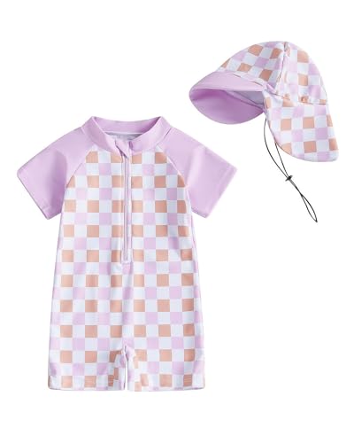 DivingBirds UV Badebekleidung Baby Badeanzug mit Hut Unisex Badeanzug Baby Kinder Schwimmanzug Mädchen Junge, Lila Karo 2-3 Jahre 92-98 von DivingBirds