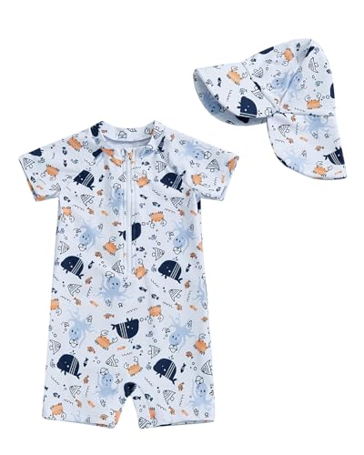 DivingBirds UV Badebekleidung Baby Badeanzug mit Hut Unisex Badeanzug Baby Kinder Schwimmanzug Mädchen Junge, Weißer Ozean 3-6 Monate 68 von DivingBirds