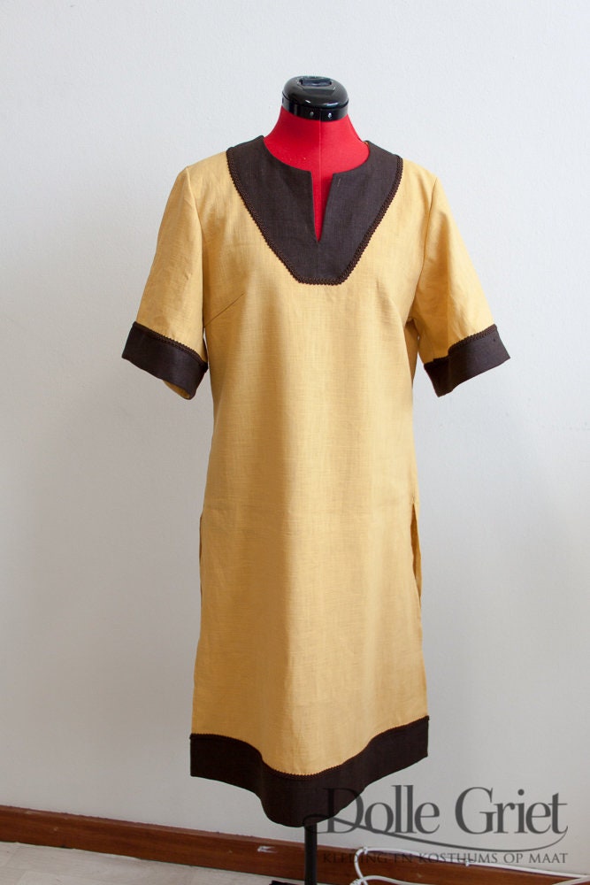 Tunika "Trude" Aus Gelbem Leinen Mit Braunen Akzenten in Gr.38 - Sofort Versandfertig" von DiviniCouture