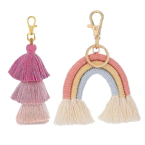 Divono 2 Stücke Boho Regenbogen-Schlüsselanhänger,Quasten-Taschenanhänger,Makramee-Weberei,Regenbogen-Quasten-Schlüsselanhänger,Niedlicher Schlüsselanhänger,Makramee-Weberei,Regenbogen(Rosa) von Divono