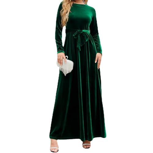 Damen Elegant Samt Langarm Maxikleid Winter Party Lang Cocktail Abendkleider mit Gürtel, dunkelgrün, XX-Large von Dixacyer