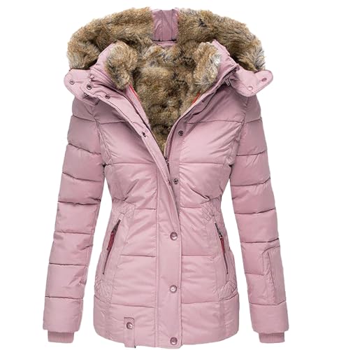 Dixacyer Damen Kapuzen Warm Wintermantel Plüsch Gefüttert Verdicken Puffer Jacken mit Fellkapuze, rose, 54 von Dixacyer