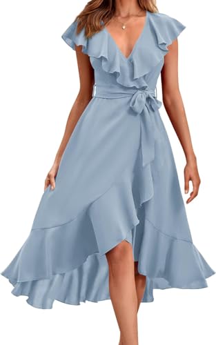 Dixacyer Damen Sommer Casual Tiefer V-Ausschnitt Wrap Midi Kleid Boho Kurzarm Rüschen Saum Split Strand Lange Kleider mit Gürtel, hellblau, Small von Dixacyer
