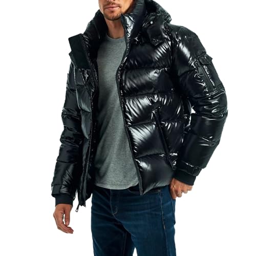 Dixacyer Herren Hoodie Glänzend Metallic Reißverschluss Daunenmäntel Winter Warm Quilting Down Puffer Jacke, Schwarz , M von Dixacyer