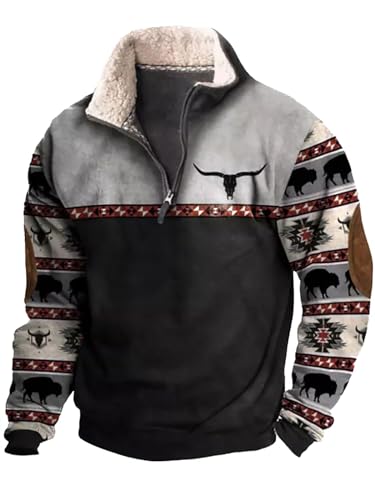 Dixacyer Herren Western Fleece Sweatshirts Cowboy Bullhead Print Pullover Tops 1/4 Reißverschluss Stehkragen Langarm Country Jacken, C, XL von Dixacyer