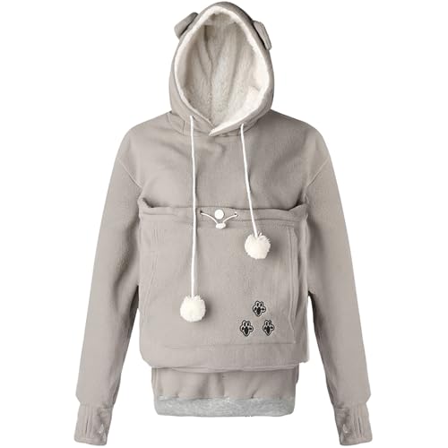 Dixacyer Katzen-Hoodie mit Ohren, Katzen-Sweatshirt oder kleiner Hunde-Beutel, Hoodie für Damen, langärmelig, Känguru-Kapuzenpullover, tragbare Katzentrage, grau, 36 von Dixacyer