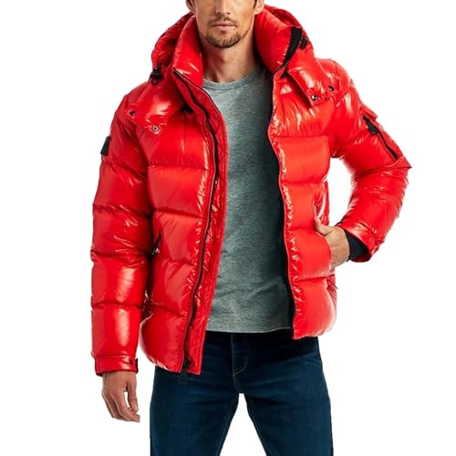 Herren Hoodie Glänzend Metallic Reißverschluss Daunenmäntel Winter Warm Quilting Down Puffer Jacke, rot, L von Dixacyer