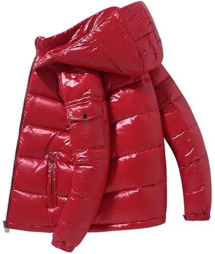 Herren schwere gesteppte glänzende Daunenjacken Performance Hooded Puffer Mäntel, rot, M von Dixacyer